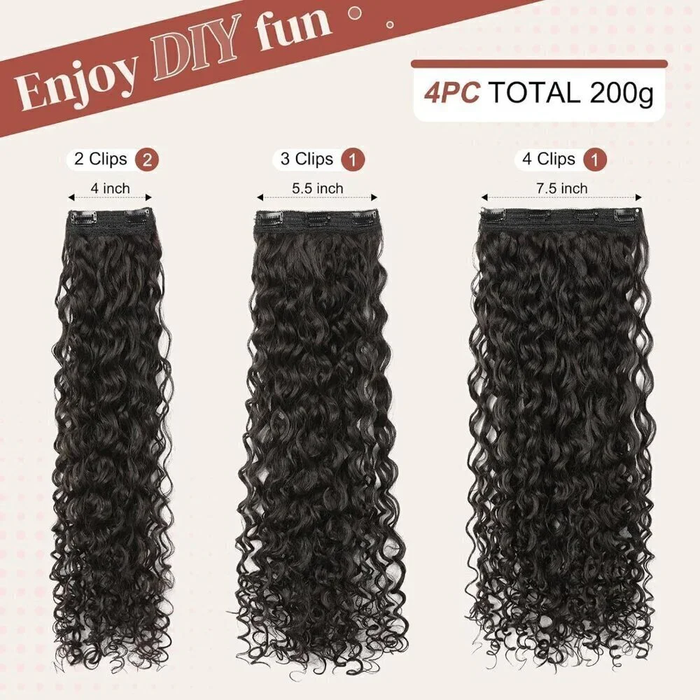 4PC Clip in Hair Extensions, 100％ Pure Protein Silk Curly Hair Extension…